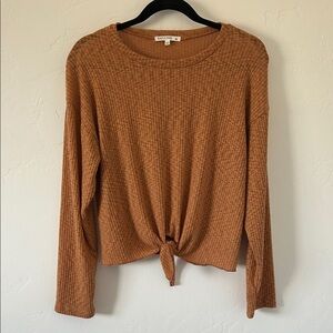 Antistar Ribbed Long-Sleeve Tie-Front Top - Rust Brown